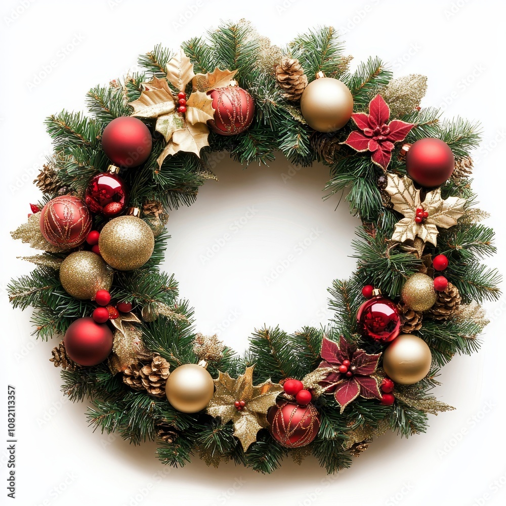Christmas Wreath with Traditional Decorations on White Background.Concept of holiday season,Christmas decorations,festive cheer, winter theme,winter aesthetics, home decor,interior design. Christmas Wreath with Traditional Decorations on White Background.Concept of holiday season,Christmas decorations,festive cheer, winter theme,winter aesthetics, home decor,interior design.