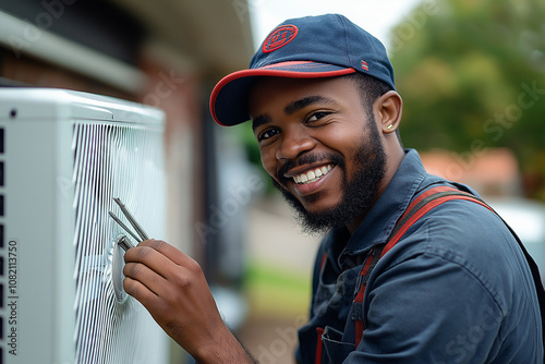 A smiling man in work clothes is working on an air conditioner outdoors