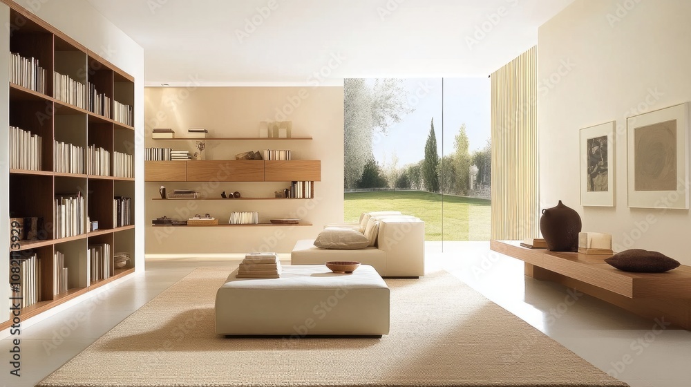 Modern minimalist living room with a warm wooden bookcase, neutral decor, and a large area rug. Modern minimalist living room with a warm wooden bookcase, neutral decor, and a large area rug.