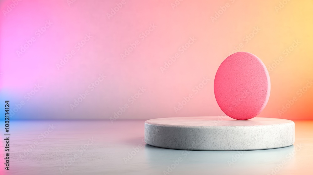 A minimalistic scene featuring a pink circular object balanced on a round concrete pedestal, set against a gradient background, Ideal for product showcases, modern art themes, or wellness promotions, A minimalistic scene featuring a pink circular object balanced on a round concrete pedestal, set against a gradient background, Ideal for product showcases, modern art themes, or wellness promotions,