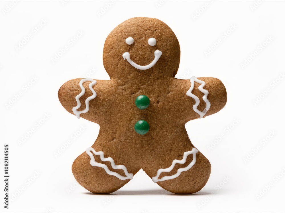 Smiling Gingerbread Man: A cheerful gingerbread man cookie, decorated with icing and candy buttons, perfect for Christmas baking and festive treats. Smiling Gingerbread Man: A cheerful gingerbread man cookie, decorated with icing and candy buttons, perfect for Christmas baking and festive treats.