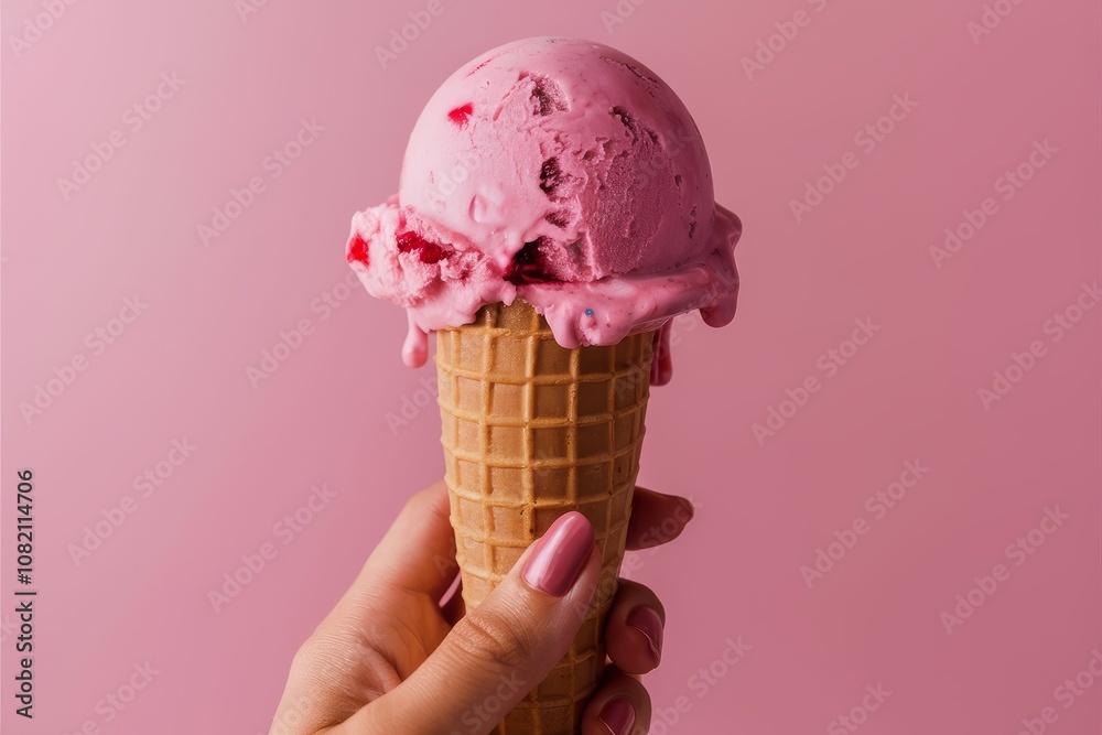 Pink Ice Cream Cone Delight: A hand delicately holds a melting strawberry ice cream cone against a soft pink backdrop. The image evokes summery sweetness and simple pleasures. Pink Ice Cream Cone Delight: A hand delicately holds a melting strawberry ice cream cone against a soft pink backdrop. The image evokes summery sweetness and simple pleasures.