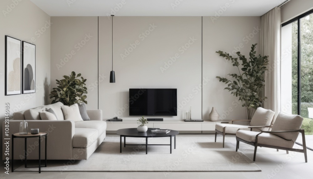 A minimalist living room with clean lines, neutral tones, and sleek, modern furniture 