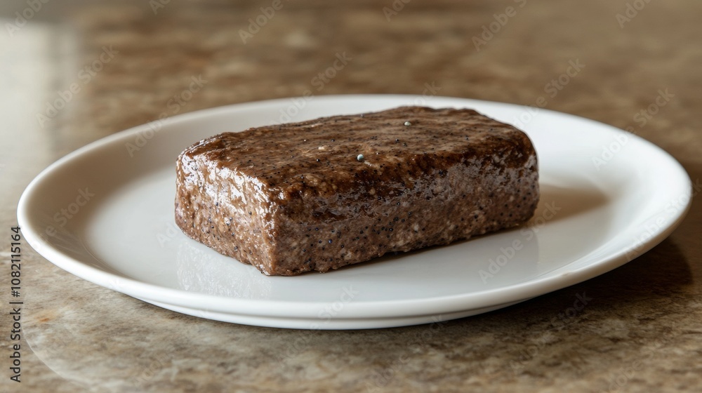 A brown meatloaf sits on a white plate. A single poppy seed rests on top. A brown meatloaf sits on a white plate. A single poppy seed rests on top.