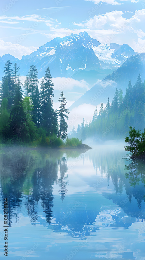 Naklejka premium Serenity Embodied: Pristine Lake Encapsulated by Verdant Forest and Majestic Mountain