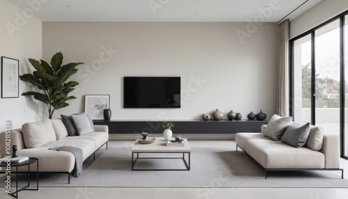 A minimalist living room with clean lines, neutral tones, and sleek, modern furniture 