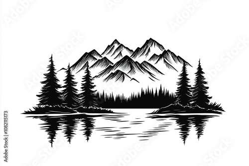 Silhouette mountain range, lake and forest isolated on white background. Vector illustration style.