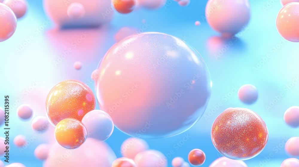 Abstract pastel spheres on blue background: modern surreal bubble aesthetic