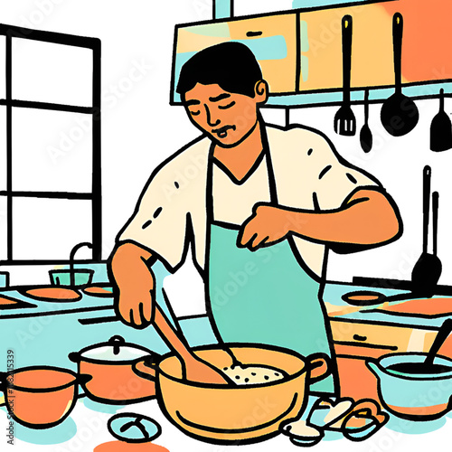 A person in a kitchen cooking a meal, stirring a pot, with various kitchen utensils and ingredients around,