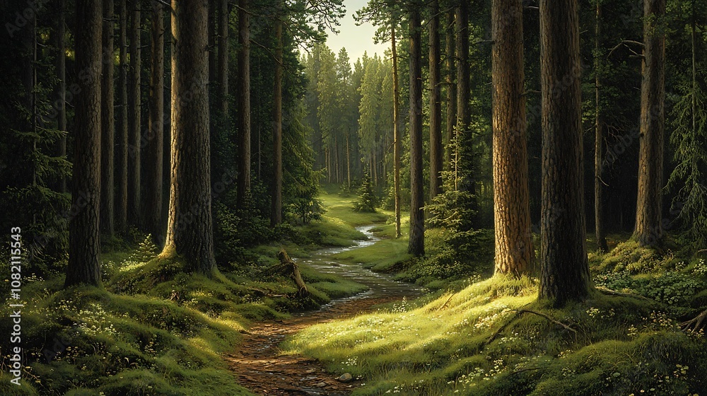 Sunbeams illuminate a path through a lush forest, with green moss and a small creek. Sunbeams illuminate a path through a lush forest, with green moss and a small creek.