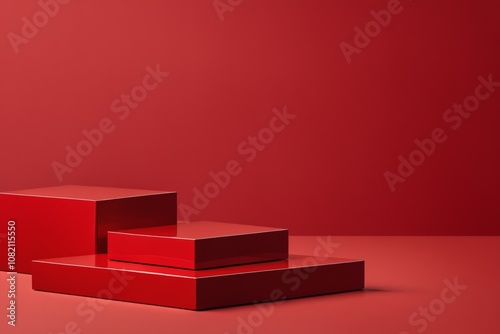 Three red geometric platforms sit on a red background