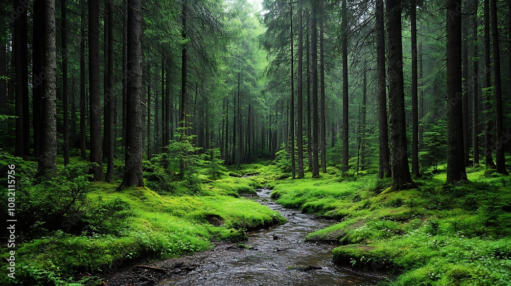 Obraz premium A small creek flows through a lush green forest with tall trees and moss covering the ground.