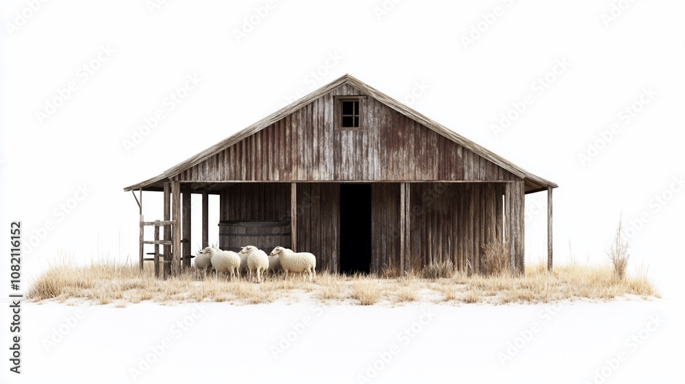 Three sheep stand in front of a rustic wooden barn with a porch and a window. Three sheep stand in front of a rustic wooden barn with a porch and a window.