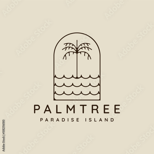 palm tree and ocean waves line art logo vector simple minimalist illustration template icon graphic design. coconut tree and sea wave  sign or symbol for travel company with badge