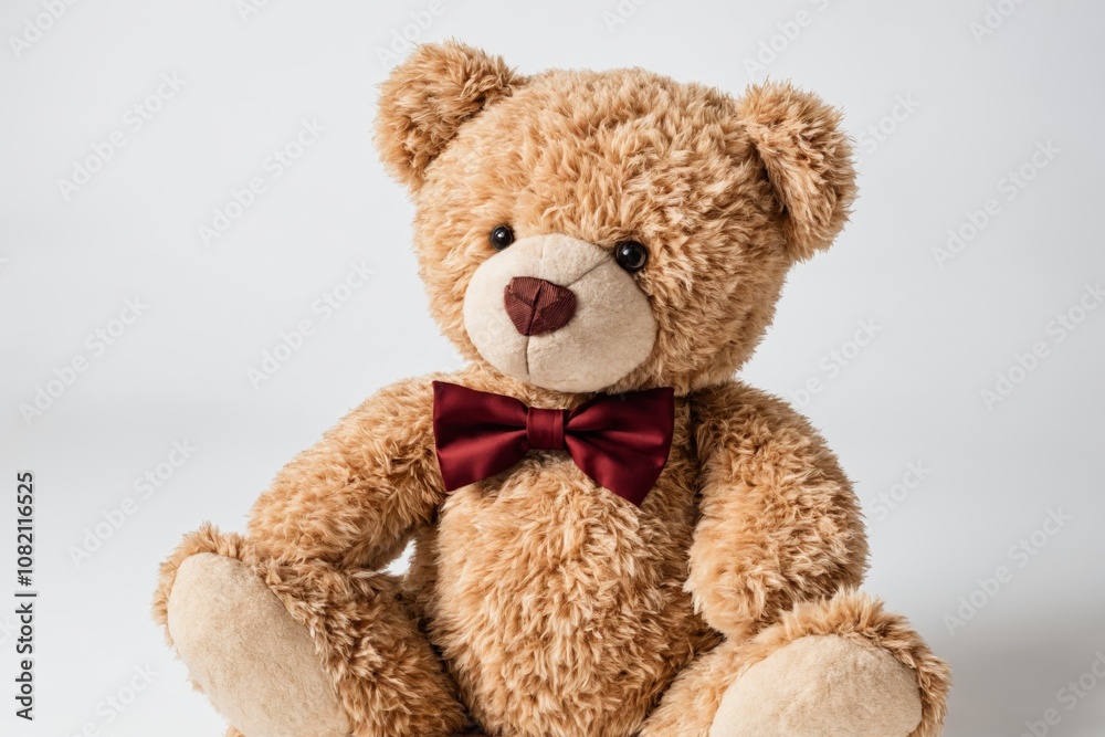 Brown teddy bear wearing a burgundy bow tie against a white background Brown teddy bear wearing a burgundy bow tie against a white background