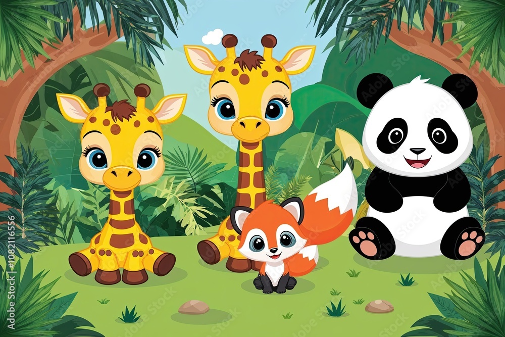 Naklejka premium Charming Cartoon Giraffe Fox and Panda Characters in Playful Jungle Wildlife Art