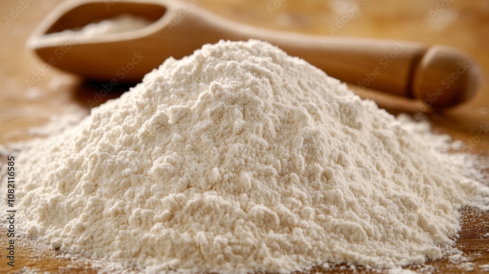 A close view of white flour with a wooden spoon in the background.