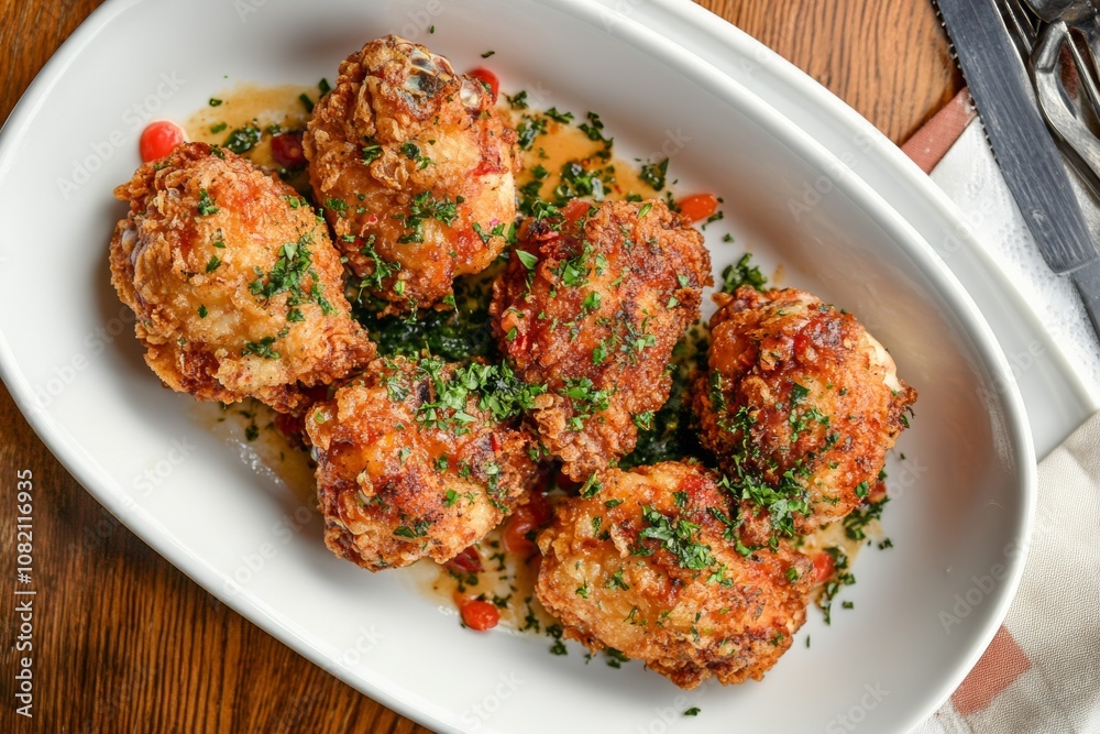 Crispy fried chicken thighs seasoned with herbs on a white dish set on an old rustic table for a delightful dining experience