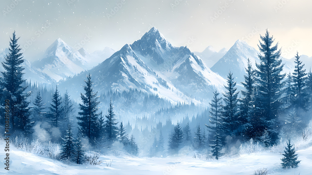 Snow-covered mountain landscape illustration with soft, pastel shades of blue and white, gentle snowfall in the background, and evergreen trees scattered across the scene.