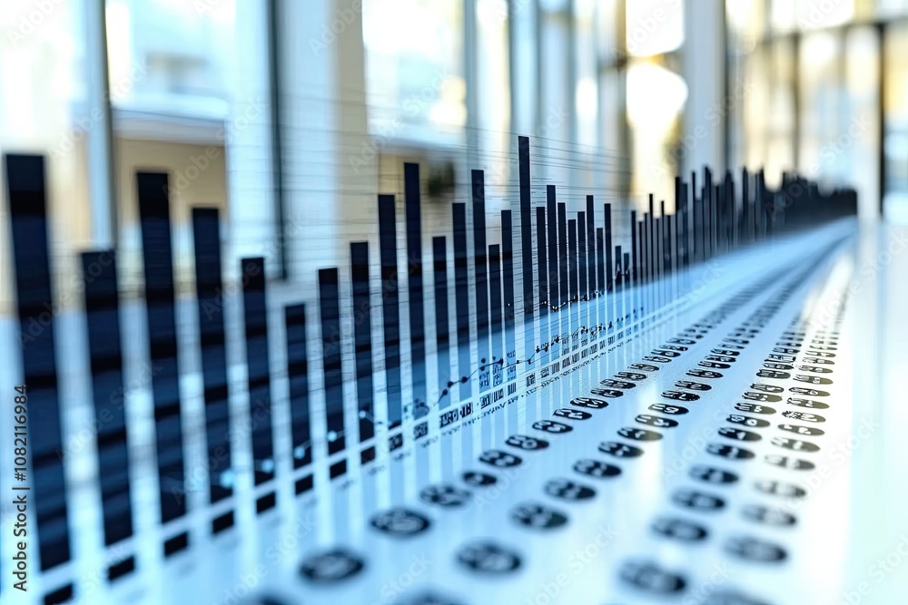 A close-up view of a data visualization with varying bar heights, conveying analytical information in a modern, sleek environment. A close-up view of a data visualization with varying bar heights, conveying analytical information in a modern, sleek environment.