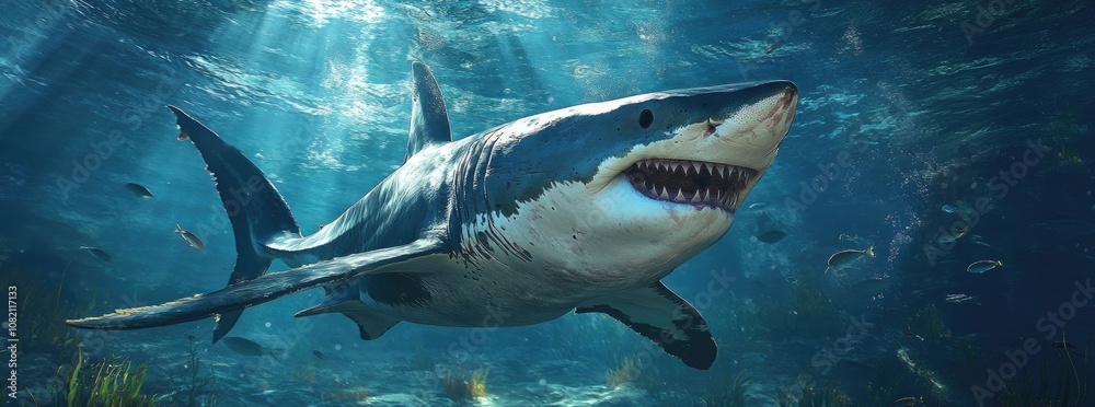 Fototapeta premium an adult white shark swimming gracefully in the deep blue ocean