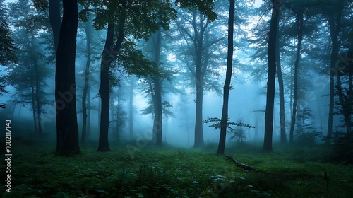 A misty forest with tall trees and a blue sky.