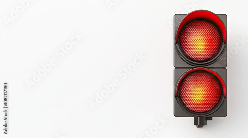 A striking red traffic light against a pristine white background, symbolizing stop and caution in urban landscapes at any time