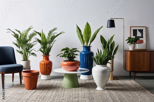 Sophisticated Fusion of Retro and Modern Vase Designs with Decorative Plant Pots and Chic Furniture on a White Background