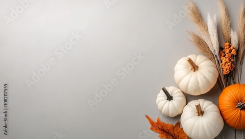 Rustic beige and white pumpkins, dry flowers on the right side of an empty space for text on a light background