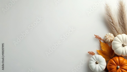 Rustic beige and white pumpkins, dry flowers on the right side of an empty space for text on a light background