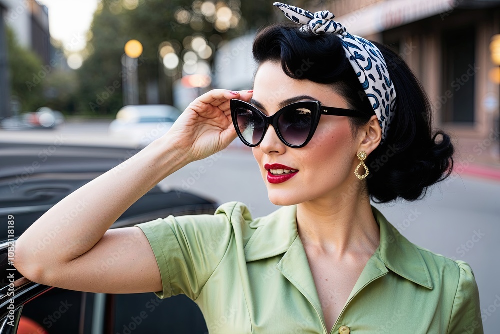 Chic Woman in 1950s Pin-Up Dress with Headscarf and Cat-Eye Sunglasses Chic Woman in 1950s Pin-Up Dress with Headscarf and Cat-Eye Sunglasses