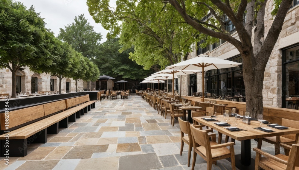 Obraz premium A restaurant terrace featuring large trees, natural stone flooring, and seating made from reclaimed wood