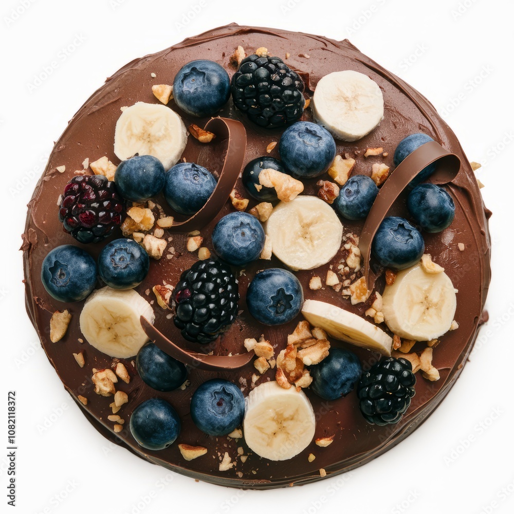 Chocolate Cake with Fresh Fruit and Nuts: A decadent chocolate cake topped with fresh blueberries, blackberries, banana slices, and chopped nuts, perfect for a birthday celebration, special occasion. Chocolate Cake with Fresh Fruit and Nuts: A decadent chocolate cake topped with fresh blueberries, blackberries, banana slices, and chopped nuts, perfect for a birthday celebration, special occasion.