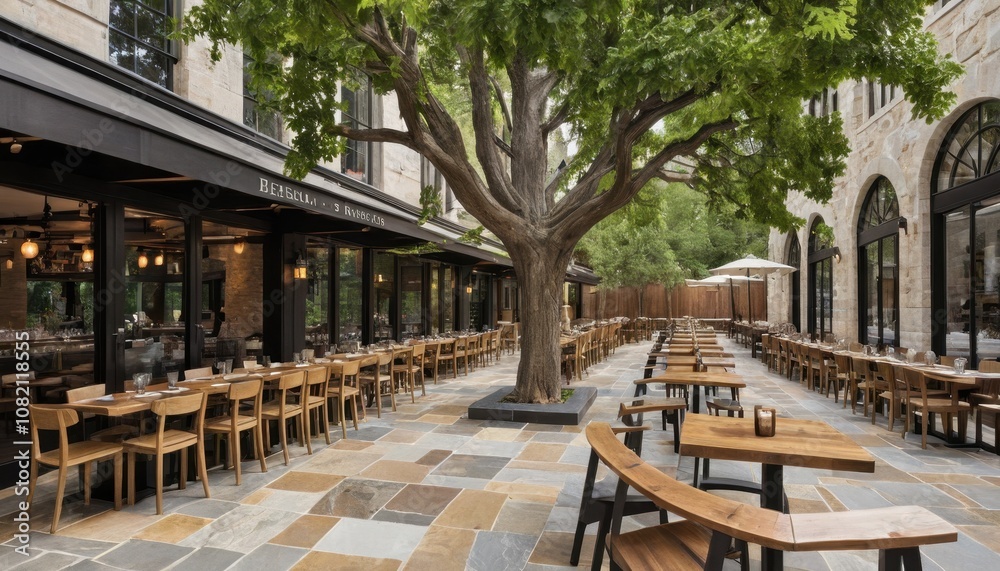 Obraz premium A restaurant terrace featuring large trees, natural stone flooring, and seating made from reclaimed wood