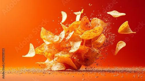 Chips crunch flavor photo. Abstract representation of chips exploding with crunch and flavor, vibrant and dynamic snack visuals
