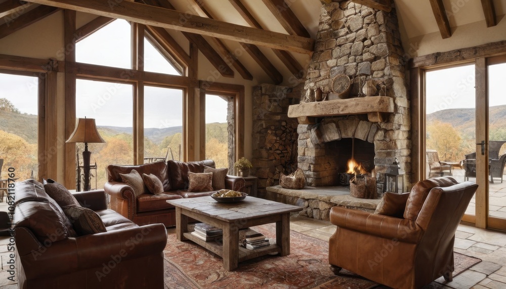 A rustic living room with wooden beams, leather furniture, and a stone fireplace A rustic living room with wooden beams, leather furniture, and a stone fireplace