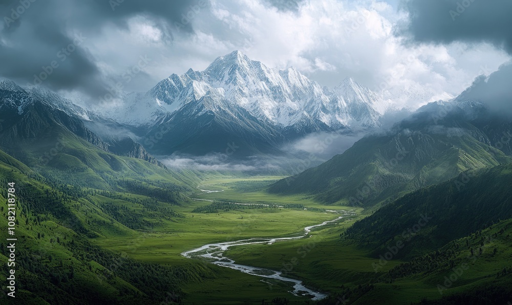 Fototapeta premium A panoramic view of the Tibetan region, with snow-capped mountains in the distance and rivers flowing through lush green grasslands below