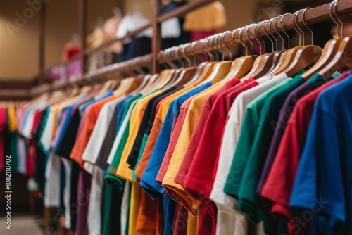 Wallpaper Mural Rainbow of T-shirts on Display: A vibrant collection of colorful t-shirts hangs neatly on wooden hangers in a retail store, showcasing a spectrum of hues and styles.  Perfect for fashion, retail. Torontodigital.ca