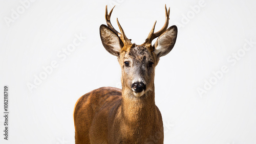 Close-up portrait of a roe deer on a white background.