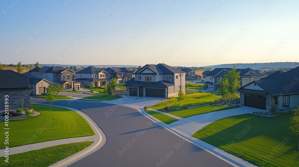 front view of beautiful houses in an upscale neighborhood, showcasing various types and styles of homes with lush green lawns, neatly trimmed trees and shrubs, and classic garage doors or modern conte