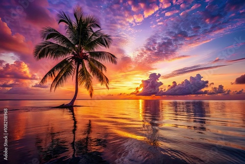 Silhouette of a palm tree at sunrise, casting shadows over serene tropical waters with warm tones and soft waves, perfect for capturing travel, nature, and relaxation vibes.