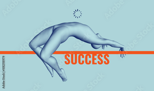 Man jumping over a line with the word "success" written underneath. Concept of overcoming obstacles and achieving success. 3D model of human body. Vector for brochure, poster, presentation, flyer, etc