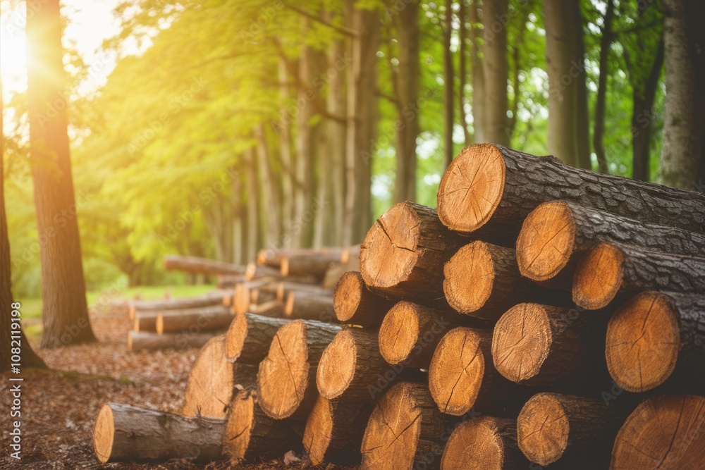 Sun-drenched Forest Logs: A stack of freshly cut logs rests against the backdrop of a sun-drenched forest, evoking a sense of nature's resilience and the cycle of life and renewal. Sun-drenched Forest Logs: A stack of freshly cut logs rests against the backdrop of a sun-drenched forest, evoking a sense of nature's resilience and the cycle of life and renewal.