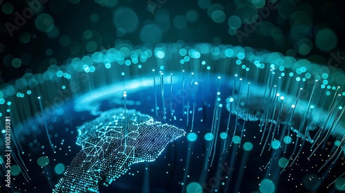 A network of glowing fiber optic cables connecting across a dark globe, symbolizing global communication.