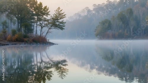 Wallpaper Mural landscape of a calm lake with trees in fog Torontodigital.ca
