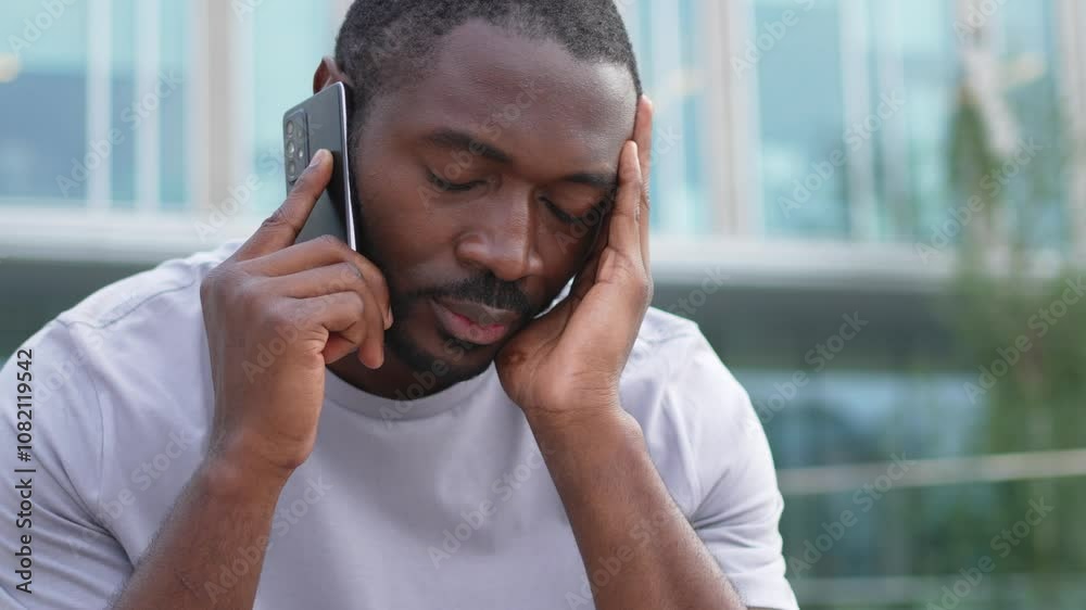 Sad tired lonely disappointed African man alone talking on smartphone on city street outdoor. Unhappy person making answering call by cellphone experiencing grief getting bad news. Stressed man