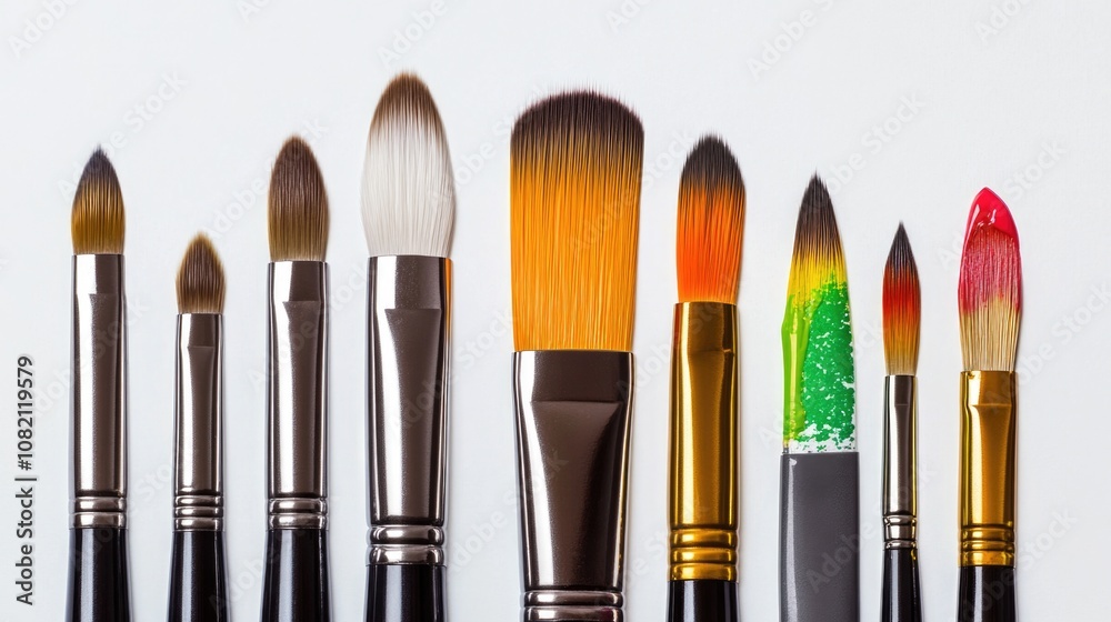 Row of paint brushes arranged neatly on a white background, great for arts and crafts projects or design inspiration Row of paint brushes arranged neatly on a white background, great for arts and crafts projects or design inspiration
