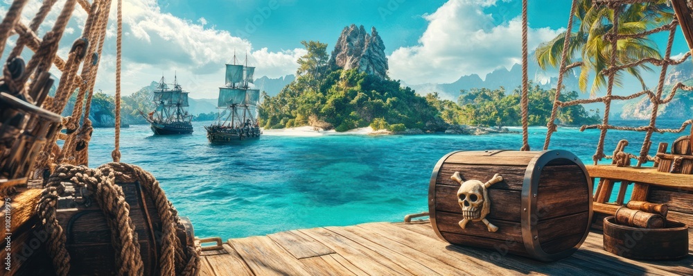 Obraz premium Pirate ship with treasure chest and tropical island in background. Adventure and exploration concept.
