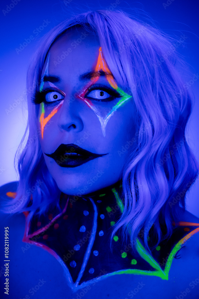 Obraz premium Portrait of a model wearing clown makeup with fluorescent eyewear