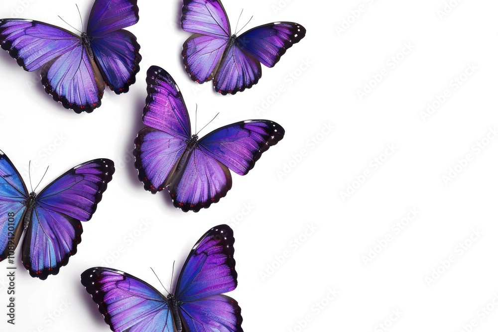 Obraz premium A group of purple butterflies sit on a white surface, their delicate wings folded